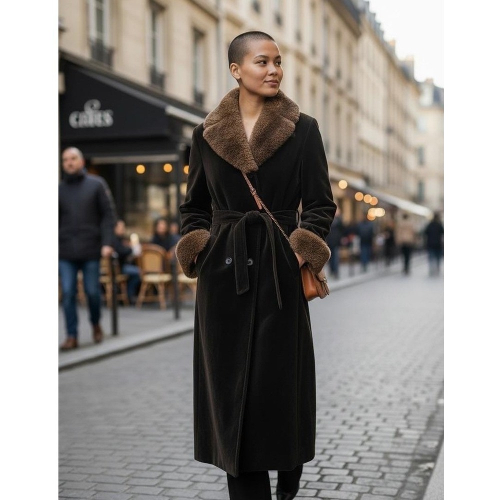 Vintage Velvet Fur‎ Collar Coat Belted Long Penny Lane Brown Luxury Size M